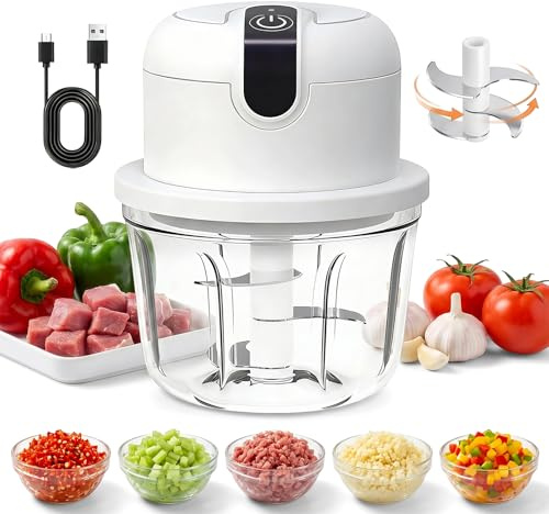 Picadora eléctrica 350ml, Trituradora de Cocina Eléctrica, Mini Picadora Eléctrica de Cebolla, USB Recargable, Picadora de Cebolla Inalámbrica para Cebollas, Frutas, Frutos Secos, Carne y Ajo