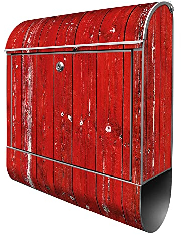 banjado Design Briefkasten Rote Holzlatten 38,5x46,5x13cm & 2 Schlüssel - Briefkasten Stahl Silber mit Zeitungsfach pulverbeschichtet - Postkasten A4 Einwurf inkl. Montagematerial