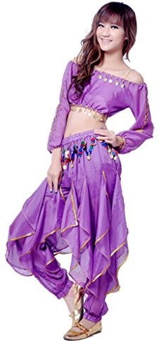 Best Dance Bauchtanz-Kostüm für Damen, langärmeliges Oberteil und bunte Pailletten-Hose, Haremshose, lila