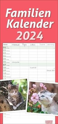 Katzen Familienplaner 2024. Ein praktischer Kalender mit 5 Spalten für Pläne, Termine und Notizen der ganzen Familie. Niedliche Katzenfotos in einem nützlichen Familienkalender.