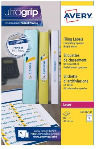 Avery L7176-25 Ordner-Etiketten für Tintenstrahl und Laser (für 60 mm Ordner, 12 pro Blatt, 41 x 100 mm) 300 Etiketten