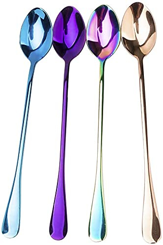 Cucchiaini lunghi da tè ghiacciati con manico lungo, in acciaio inox, set di 4 cucchiai da dessert lunghi (4 punte)