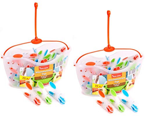 Lot de 2 paniers à pinces à linge avec 20 pinces à linge SoftGrip - 2 paniers avec suspension - 40 pinces à linge au total.