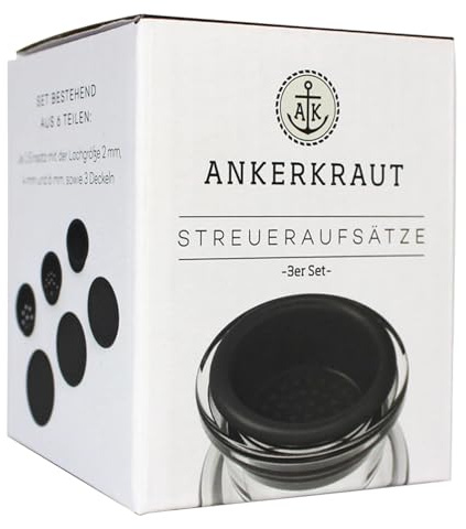 Ankerkraut Streueraufsätze für Korkengläser zum einfachen Dosieren, verschiedene Lochgrößen, 3-er Set, Schwarz