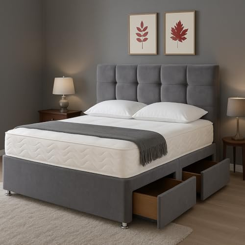 DECORE4U LTD Peaceful Grey Linen Divan Single Bed with Mattress – Elegant 10 Spring Memory Foam | Bed Frame with Stylish 20 Cube Headboard & Spacious 2 Storage Drawers | 3FT Single