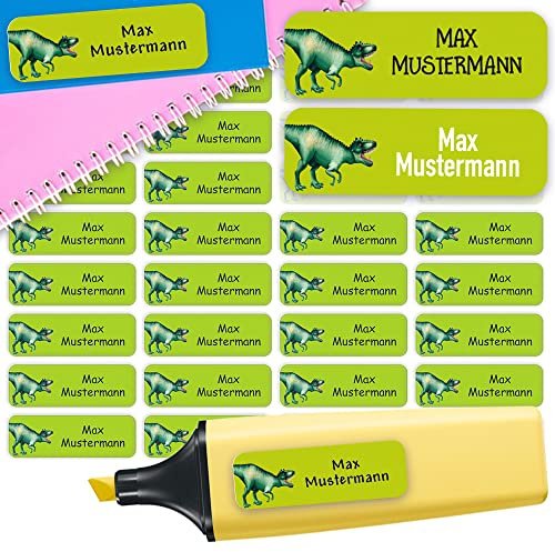 Namensaufkleber Dinosaurier personalisiert wasserfest 60 Stück Schule Kita | Namenssticker mit Wunschname für Brotdose Trinkflasche Stifte Schule Federmappe Kindergarten Schulstart spülmaschinenfest