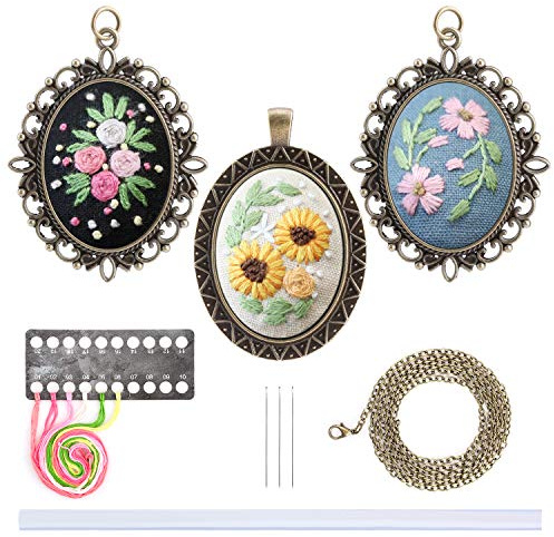 MWOOT 3 Paquetes Kit de Inicio de Bordado Vintage DIY Charm Collar Aretes Sweater Necklace,Kit de Herramienta de Punto Cruz Bordado a Mano para Principiantes,Estilo A