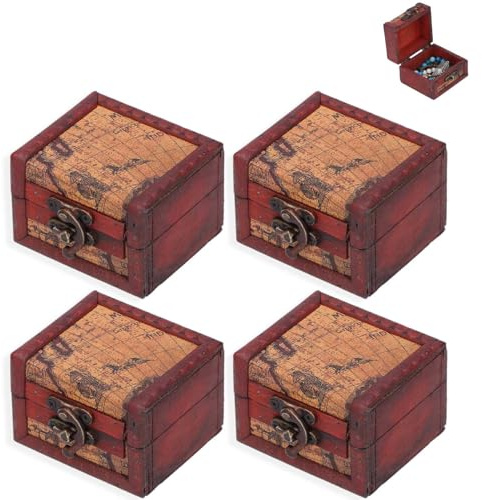 4PCS Schatztruhe kleine mit Schloss 8 x 7.5 x 6 cm, Koffertruhe Holztruhe Schatzkiste, Bauernkasse Holz Piratentruhe Geldtruhe