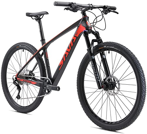 SAVADECK Carbon Fiber Mountain Bike, Deck 6.1 Carbon Frame MTB 27.5 /29'' Wheels Complete Hard Tail Mountain Bicycle 12 Speeds with DEORE M6100 Groupset (Black Red,27.5x19')