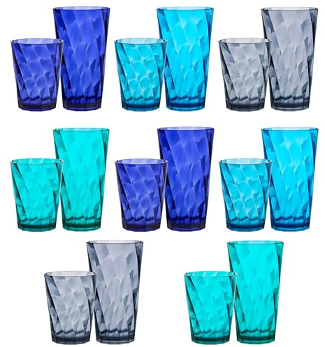 US Acrylic Optix Plastic Reusable Drinking Glasses (Set of 16) 14oz Rocks & 20oz Water Cups in Coastal Colors | BPA-Free Tumblers, Made in USA | Top-Rack Dishwasher Safe