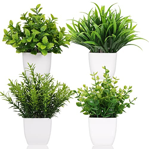 Yoratee 4 Töpfe kleine künstliche Pflanze Blumentopf künstliche Kunststoff Eukalyptus Pflanze Weizengras Strauch Pflanze Indoor Schreibtisch Couchtisch Badezimmer Schlafzimmer Heimdekoration (4)
