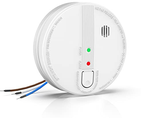 Wired Smoke Alarm, Interlinked Fire Alarm with LED Indicator and Silence Button, 10-Year Life Smoke Detector with 9V Battery Backup, Mains-powered, Conforms to EN14604 Standard, 1 Pack