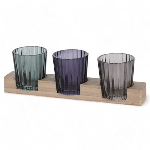 4-delat värmeljushållarset med träbricka, 3 ljusglas med räfflad look, bordsdekoration lykta inomhus