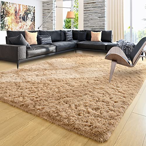Ompaa Beige 8x10 Feet Large Area Rugs Fluffy Living Room Carpet, Wall to Wall Big Shag Light Tan Rug for Bedroom Kids Playroom Classroom Nursery Home Office Decor