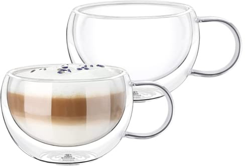 Wilmax | Termoglas med handtag | set om 2 | 400 ml | dubbelväggiga kaffeglas | latte macchiato-glas i set | Cappuccino-glas med handtag | teglas | dricksglas | termokopp