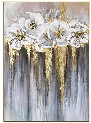 Ölbilder Auf Leinwand Handgemalt, Weiße Textur Blume Goldfolie Staubblatt Luxus Moderne Abstrakte Kunstwerke Rahmenlose Original Handgemalte Ölgemälde Auf Leinwand Wandkunst Für Wohnzimmer Sch