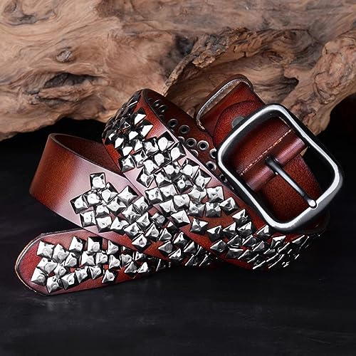 Surrycee Echtleder-Nietengürtel, Metall-Punk-Rock-Gothic-Nietengürtel mit Hellen Pyramidennieten für Männer und Frauen, 38 mm breit,Braun,120cm/waist:40~42