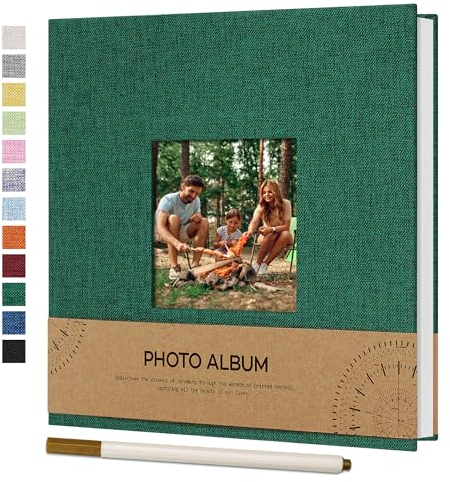 Vienrose Self Adhesive Photo Album with Picture Window for 4 x 6 Photos, Linen Cover DIY Scrap Book 40 White Pages for Travel, Photo Book with a Ballpoint Pen, 17 x 18 cm, Dark Green