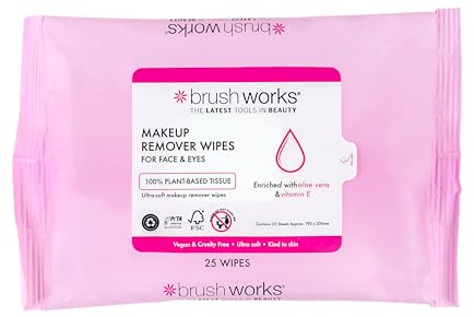 Brushworks Makeup Remover Wipes – 25 Ultra Soft & Gentle Facial Wipes with Aloe Vera & Vitamin E, Vegan & Cruelty-Free