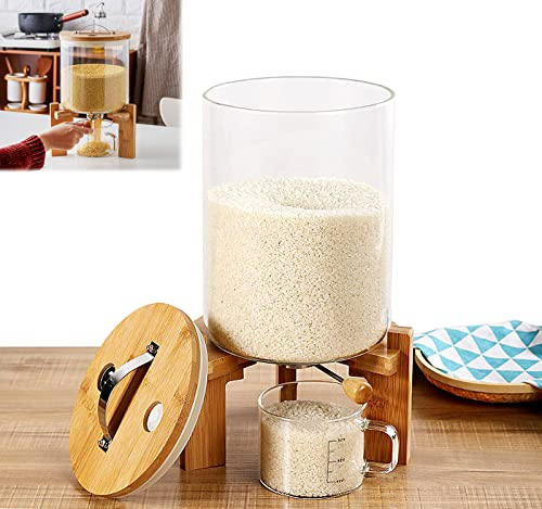 Rice Dispenser Countertop Glass Cereal Dispenser – Small Food Storage Container with Measuring Cup and Wooden Lid for Waterproof Organization, Moisture-proof and Insect-proof House Storage