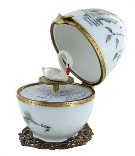 Lutèce Créations Musikalisches Ei im Fabergé-Stil aus Porzellan mit Spieluhr, Schwan und 18-Ton-Federspielwerk - Made in France - Schwanensee (P. I. Tschaikowski)