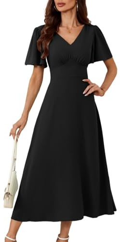 Frauen V-Neck Kleid Cape Ärmel A-Linie Chiffon Kleider Flowy Hochzeit Party Cocktailkleid Retro High Waist Langes Kleid Schwarz XL