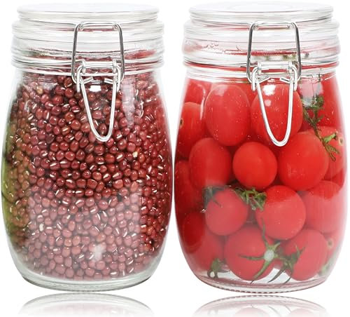 Glass Jars With Airtight Lid 32 Oz (Set Of 2) Wide Mouth Mason Glass Sealed Storage Canisters Leakproof For Coffee Sugar Nuts Spice Refrigerator Pickles & Preserves Tea For Fridge Kitchen Pantry