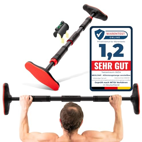 NEOLYMP Klimmzugstange Türrahmen ohne Schrauben mit Pull up Bar E-Book - Klimmzugstange verstellbar 70-100 cm mit Gewindesperre für sicheren Halt bis zu 200kg (Rot)