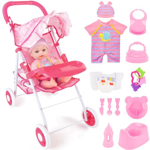 deAO Poussettes pour Poupées,avec Poupée,Biberons, Couches Et Accessoire Poupon,Poussette Bebe Jouet Fille,Ensemble De Jeu De Poupée Bébé