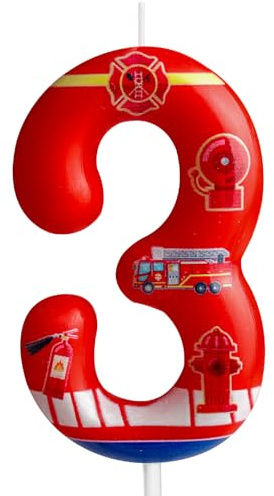 Kerze zum 3. Geburtstag, Feuerwehrauto Nummer 3, Feuerwehrauto, Kuchendekoration, Geburtstagsparty-Zubehör, roter Feuerwehr-Löscher-Thema, Kuchendekoration, Dekorationen für Kinder, Jungen, Mädchen,