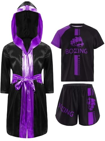 Fldy Kinder Boxen Outfit Boxmantel Boxing Shorts Kurzarm Shirt 3er Set Jungen Muay Thai Boxing Kampfsport Kleidung Violett 146-152