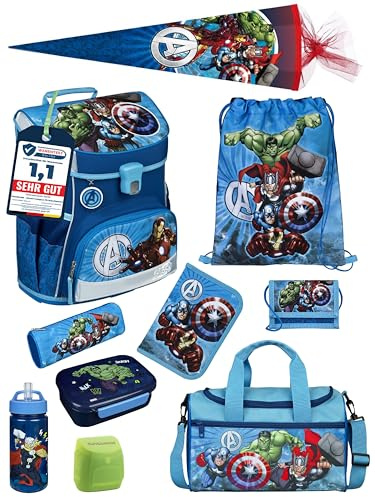 Familando - Scooli Campus Fit Schulranzen Set - 10-teilig mit Schultüte - Marvel Avengers Hell-Blau - Ergonomisch, stabil & 980g leicht - 18L Volumen - Brustgurt & Reflektoren - ab 1. Klasse