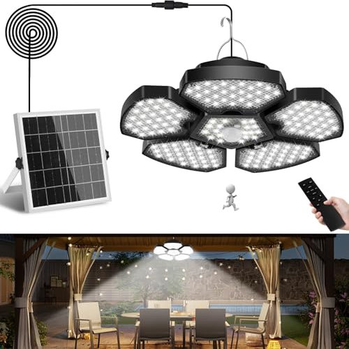 Solar Pendant Lights, NATPOW Motion Sensor Solar Shed Light with Remote Control, 156LEDs Timing Gazebo Lights, 5M Cord Warm/Cool White Indoor Outdoor Light for Garden Courtyard Balcony Corridor(1Pack)