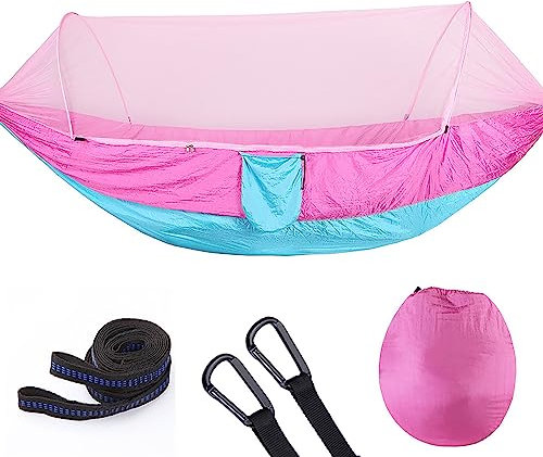 Guoyoocc Hamaca con mosquitera,Hamaca para Acampar de Viaje Ultraligera Simple/Doble para Exteriores paracaídas de Secado rápido de Nylon para Acampar Senderismo Jardín Mochilero,2 tamaños
