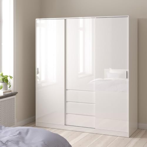 Modern Wooden Large Wardrobe With 2 Sliding Doors, 1 Regular Door, 3 Drawers & Hanging Clothes Rail | Wood Bedroom Wardrobes, Clothes Closet, Clothing Organiser (White High Gloss)
