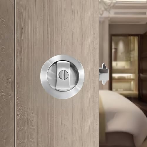 Pocket Door Lock,Privacy Square Pocket Door Hardware,Invisible Sliding Door Lock Keyless(2-3/8 Backset),Flush Pocket Door Locks (Brushed Nickel Round)