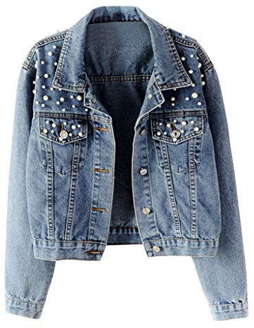 Generisch Jeansjacke Damen Blau Mit Nieten, Übergangsjacke Damen Kurzjacke, Leichte Sommerjacke Elegant Denim-Jacke Oversize Streetwear Jacke Casual Bikerjacke Vintage Freizeitjacke Locker Bikerjacke