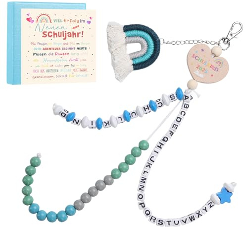ZSJMY Einschulung, Blau Rechenkette Geschenk,Schulkind Glücksbringer | Schulkind Rechenkette,mit Grußkarte Geschenkbox,Spielerisches Erlernen von Alphabet und Rechnen bis 20