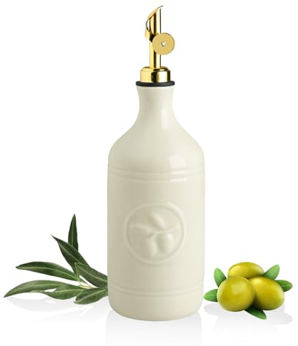 Sweejar Home Flacon distributeur d'huile d'olive en céramique de 460 ml pour cuisine avec bec gravité, récipient opaque en relief pour Evoo, vinaigre, sauce soja, 1 lot (beige, bec doré)