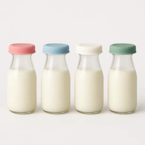 Lot de 4 bouchons en silicone – Convient aux bouteilles en verre à large goulot de 48 à 51 mm – Couvercles étanches et réutilisables pour lait, jus, smoothies, eau