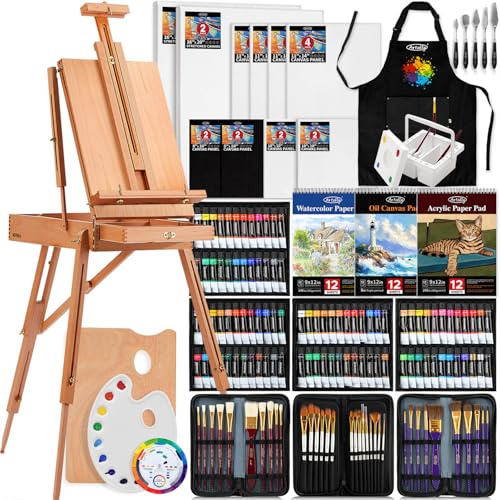 188Pcs Professional All-in-One Art Painting Kit with Beechwood French Easel, 96 Acrylic, Watercolor & Oil Paint Set, Complete Art Supplies Painting Set for Adults, Artists, Beginners
