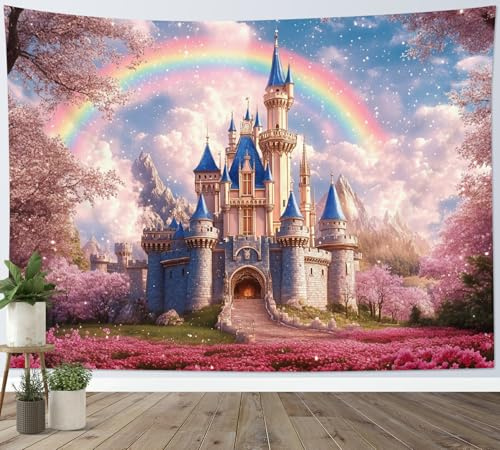 LB Wandteppich Märchenhaftes blaues Schloss Wandtuch für Kinder Rosa Blumenbaum Regenbogen Wandbehang Karikatur Natur Himmel Tapisserie für Wohnzimmer Schlafzimmer Wohnheim Wanddeko,150x130cm