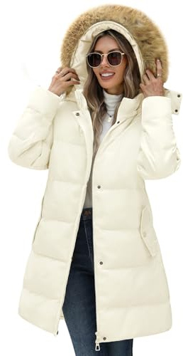 Yuson Girl Cappotto da Donna Invernale Lungo Elegante Giubbotto Imbottito Pesante Vento Piumino Giacca con Cappuccio in Pelliccia Staccabile Parka Casual Caldo Giaccone Outdoor(Beige, L)