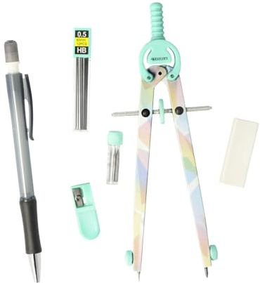 Westcott Kit de compas Graphic Pastel | 6 pièces comprenant un compas à réglage rapide, des mines de rechange, un taille-crayon, un porte-mine HB avec 12 mines, une gomme | E-711421 00