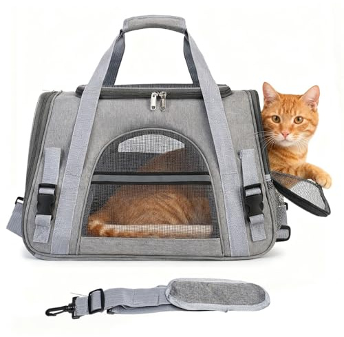 Cat Carrier, Pets Dog Carriers For Travel with Detachable Shoulder Strap & Cozy Mat, 4 Window Mesh Pet Transport Bag for Small-Medium Cats Puppies, Airline Approved- Grey