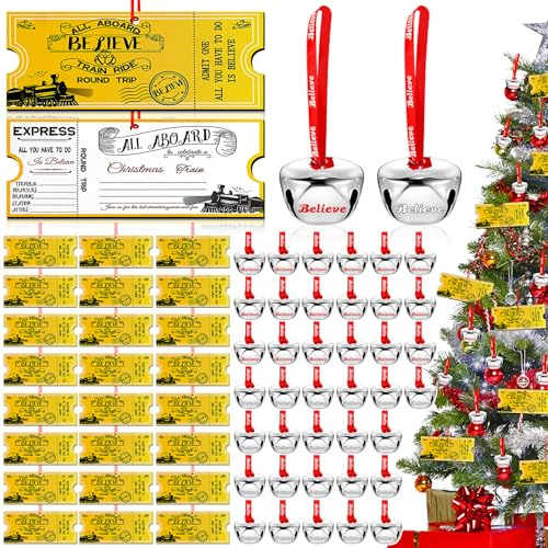 Polar-Express-Glocken für Weihnachten, goldene Tickets und Glöckchen, Ornamente, Großpackung, Nordpol-Zugtickets, Polar Express Glocke, Weihnachtsdekoration, Glaube, hängende Feiertagsparty-Geschenke