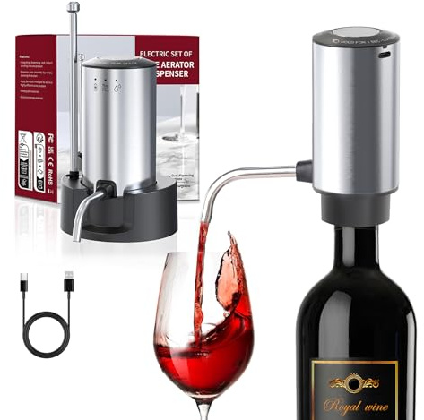 Decanter per vino con versatore automatico adosaggio precisoe ricaricaUSB-C | Sistema automatico di erogazione e decantazione del vino, realizzato in acciaio inox 304, compatto e portatile.