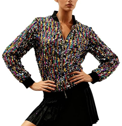 Damen Pailletten Jacke Bomberjacke Reißverschluss Glitzer Mantel Bikerjacke Kurz Sakko Glänzender Bomber Jacke Langarm Metallic Übergangsjacke Karneval Festival Konzert Partyjacke mit Taschen Jacken