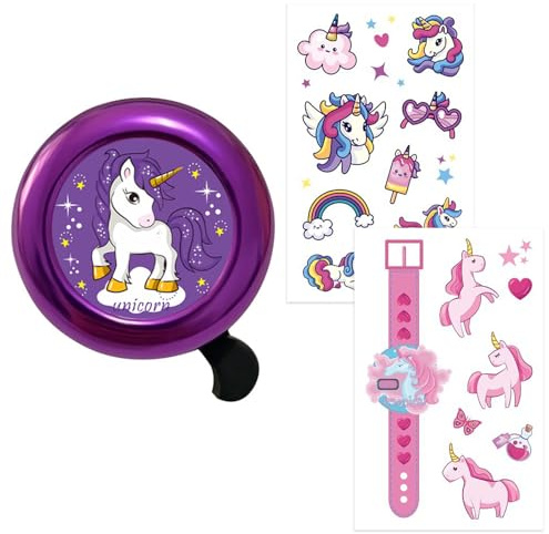 GWEOR Lila Einhorn Fahrradklingel für Mädchen und Kinder, Süßes Cartoon Design mit 2 Glitzer Stickern, Laut klingelnd für Fahrrad, Roller und Laufrad