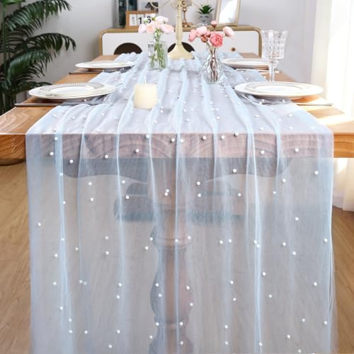 LOMOHOO Tischläufer Blau 75x300cm Tischläufers with Perlen mit Tüll | Käsetuch Tischdecke Spitze Perlen Tüll Stoff Tischband für Hochzeit Brautparty Geburtstage Party Küche Tisch Dekoration